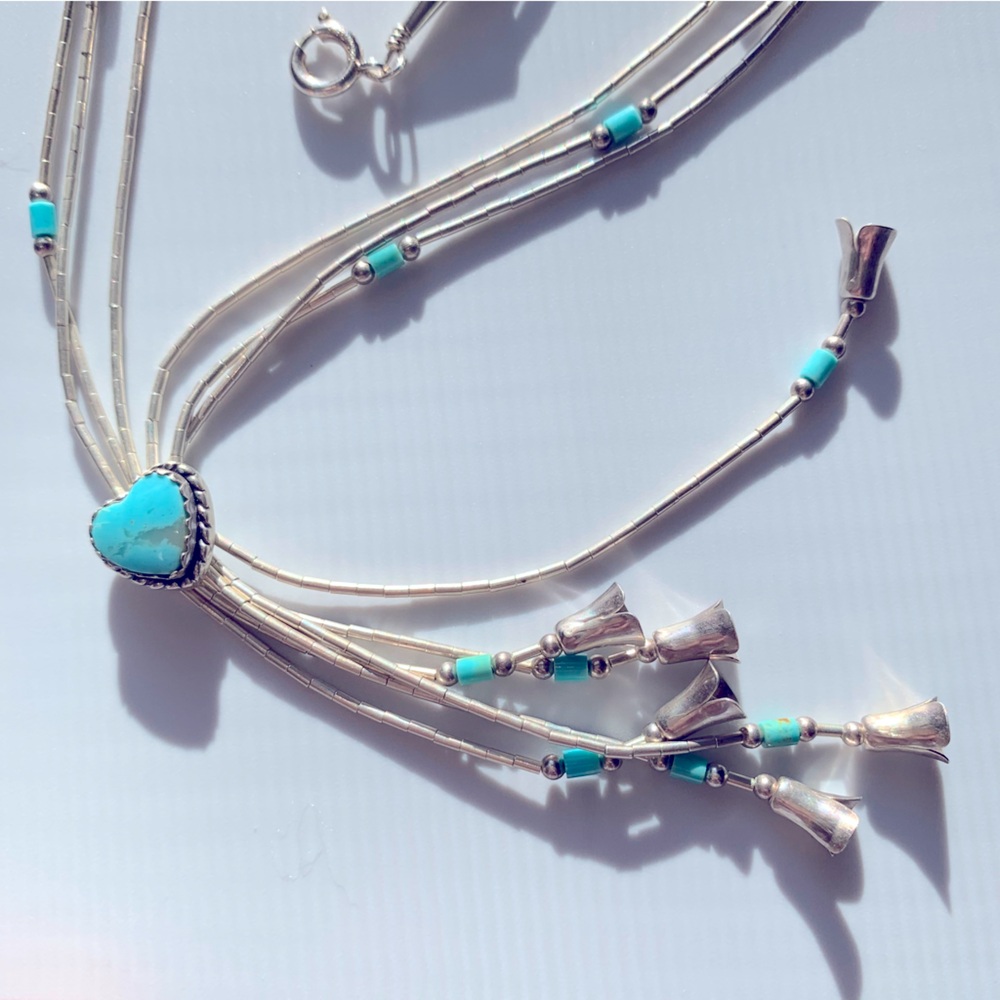 CAROLYN POLLACK 16-20" TURQUOISE SQUASH BLOSSOM LIQUID SILVER HEISHI NECKLACE